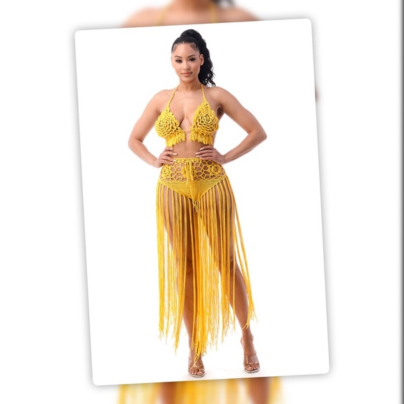 Love Sense Other - See You In Mexico Marogold Yellow Crochet Fringe Sunsuit Swim CoverUp